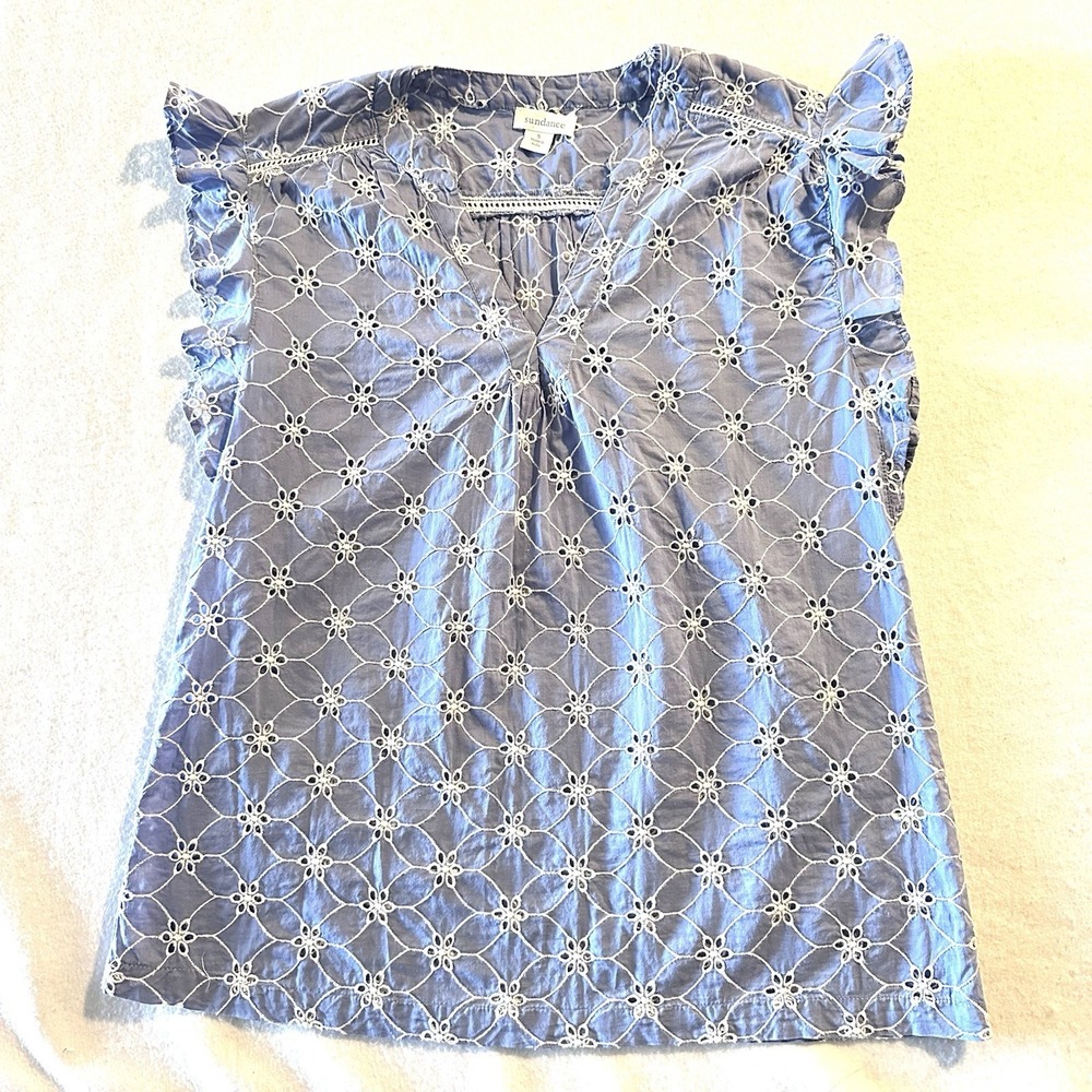 SUNDANCE Small S Florina Embroidered Eyelet Top Blue White Flutter Cap‎ Sleeve